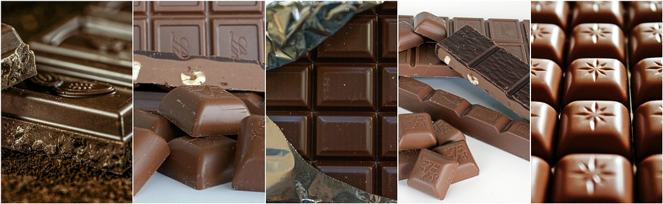 Tabletas y bombones de chocolate. Imágenes alternas de diferentes tabletas de chocolate negro, con leche y almendrado.