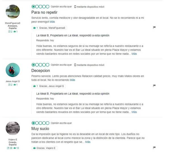 Opiniones de clientes Opiniones de clientes en RRSS para valorar un restaurante.