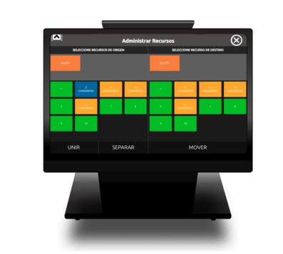 Administra las mesas de tu local TPV táctil Pantalla de TPV táctil para restaurantes y bares con imagen de programa administrador de mesas en restaurante con cajas de colores naranja, azul, y verde y letras blancas
