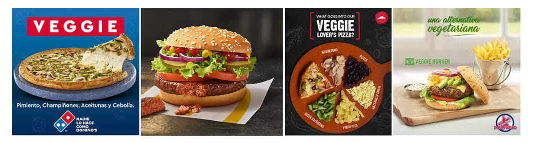 Menú de comida Veggie en los restaurantes. Modalidades de comida veggie en famosas cadenas de restaurantes: Dominos Pizza, Macdonald, Pizza Hut y Foster Hollywood